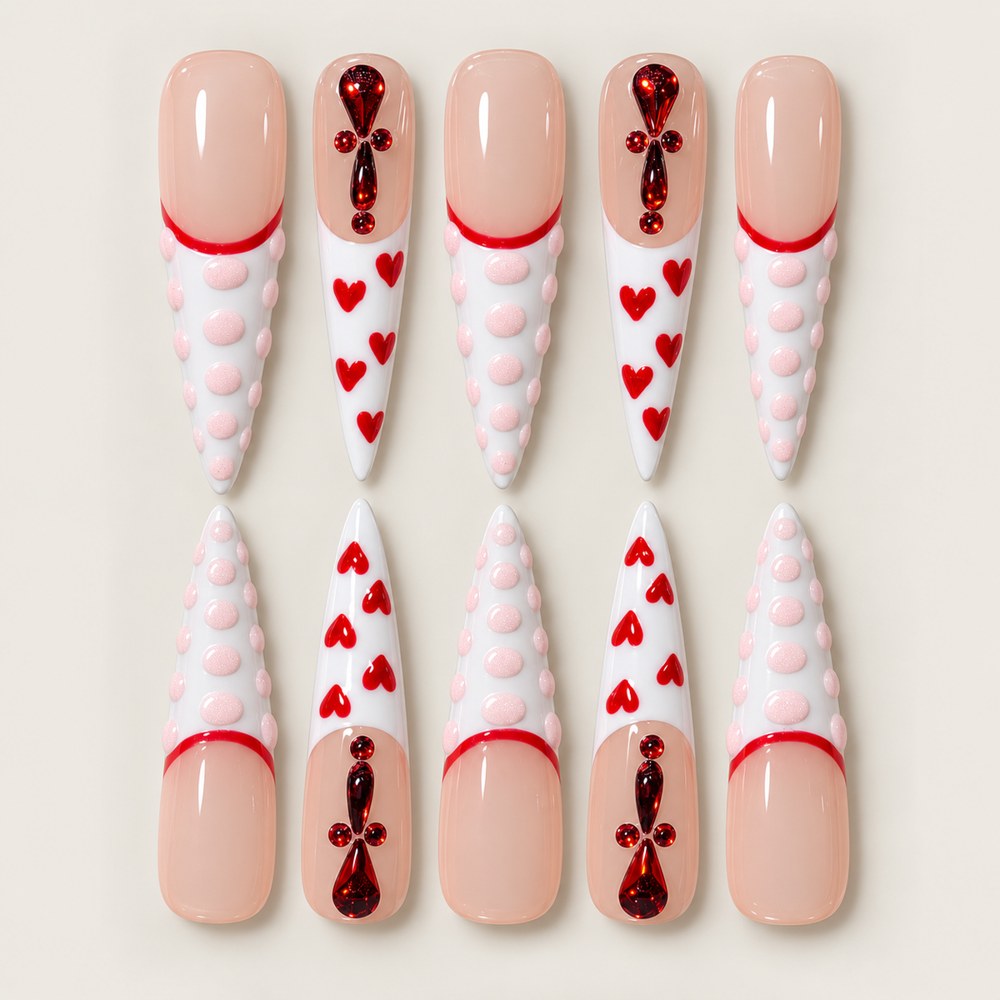ACEGRIP Blush Heart Dots press-on nails in peach nude, white, red, and pink, with heart motifs, style XH3037