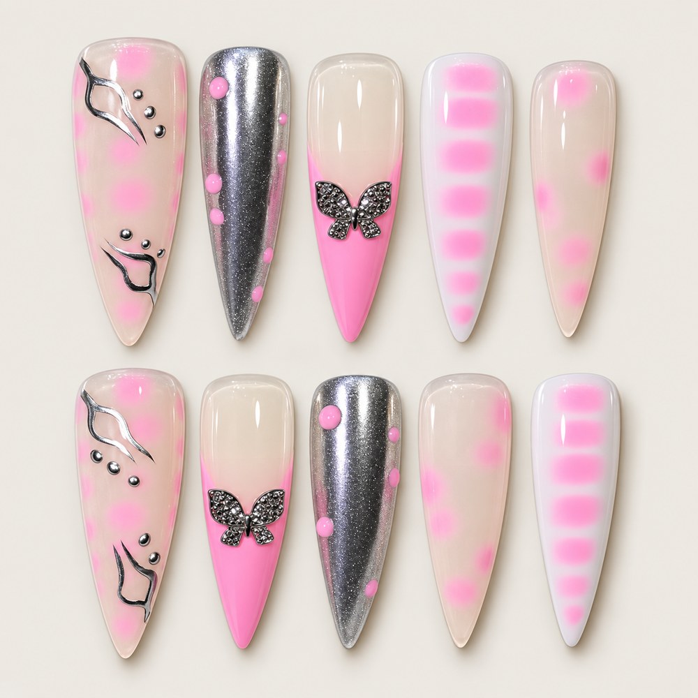 ACEGRIP Blush Butterfly Stripes press-on nails in peach nude, pink, and silver tones, with butterfly motifs, style XH3038