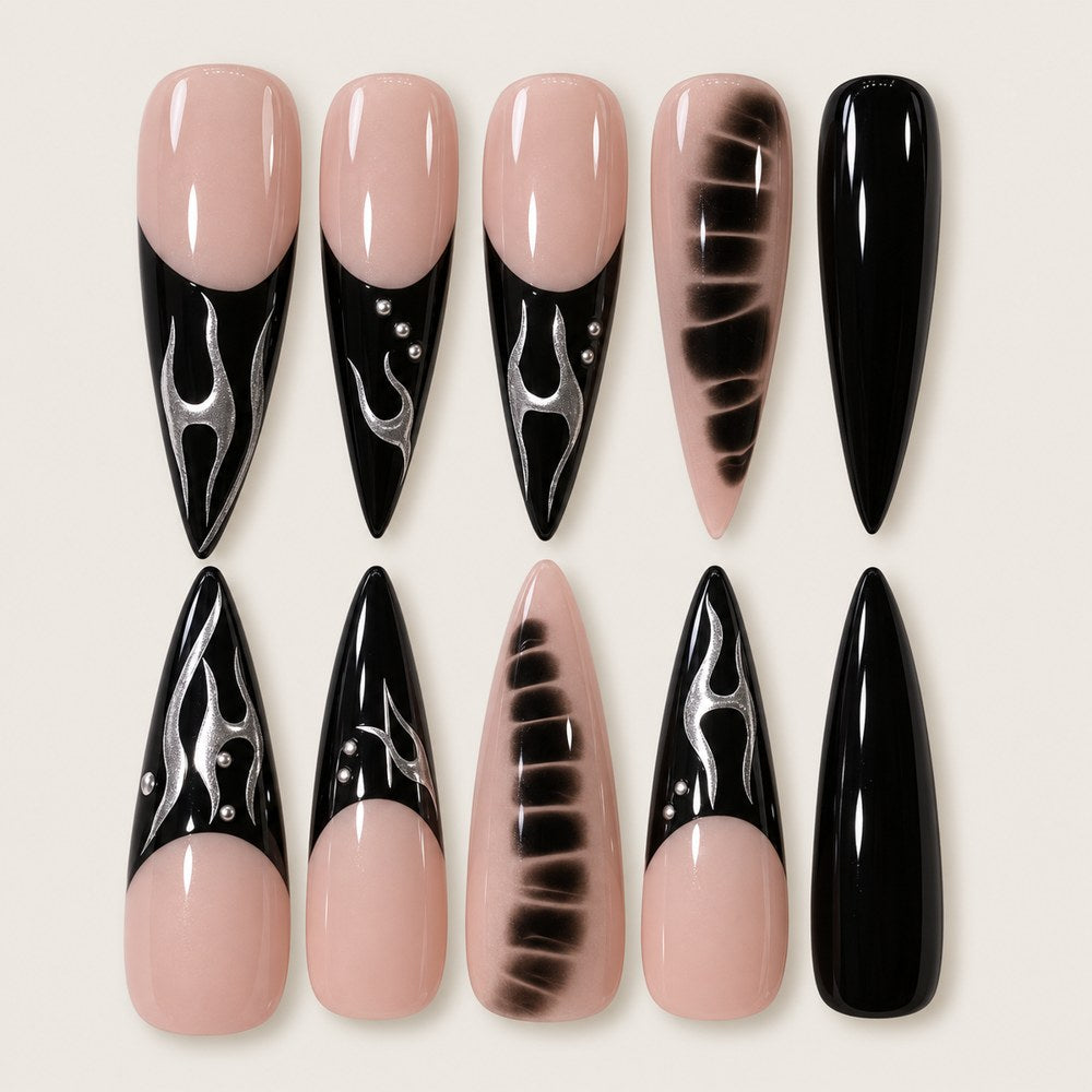 ACEGRIP Blush Flame press-on nails in peach nude, black, and white, with flame motifs, style XH3040