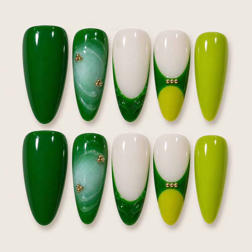 ACEGRIP Jade French press-on nails in green, white, peach nude, and lime green, with French-tip color blocking, style XH3041