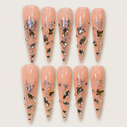 ACEGRIP Blush Silver Butterfly press-on nails in peach nude, silver tones, and gold tones, with butterfly motifs, style XH3042