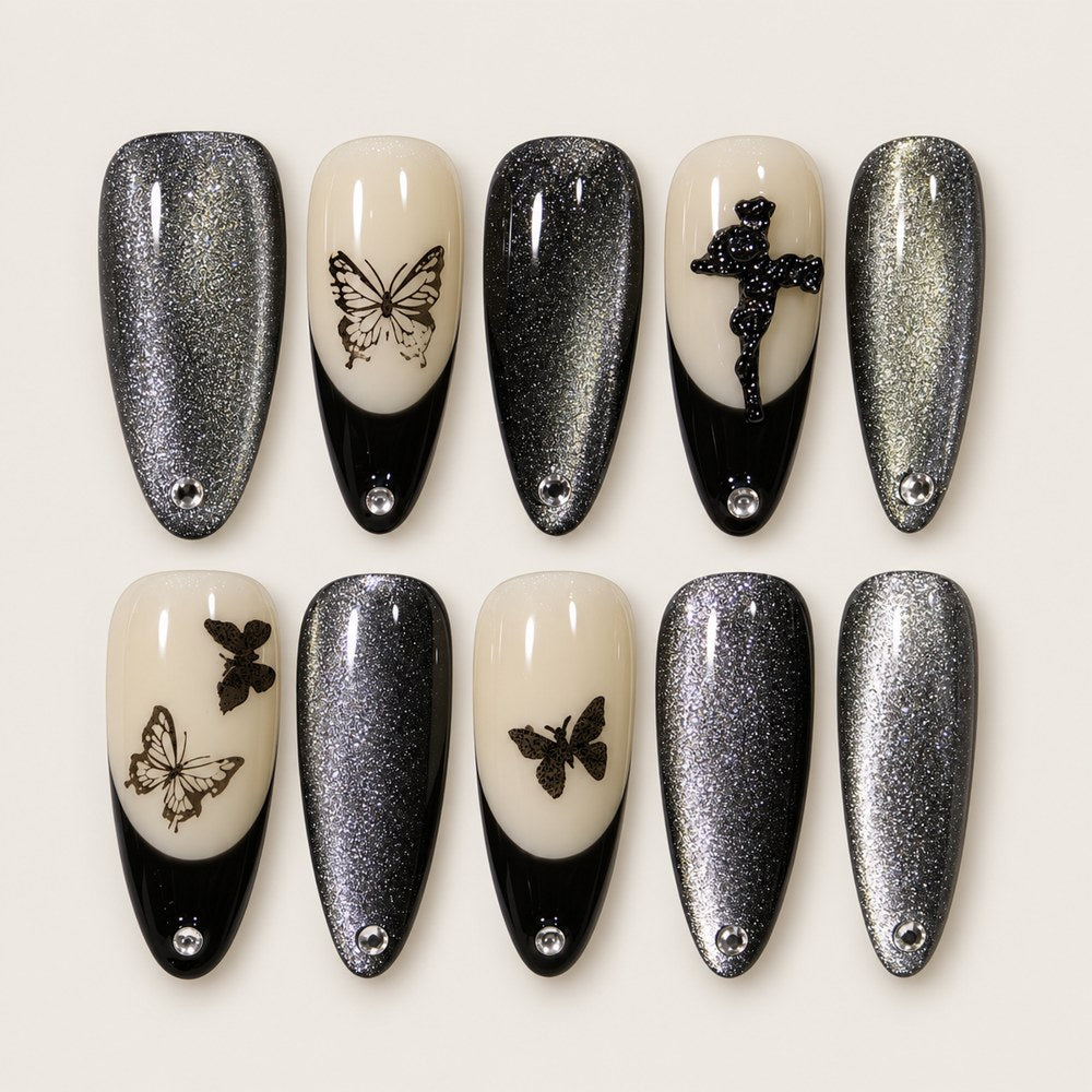 ACEGRIP Onyx Butterfly Cross press-on nails in black, cream, and silver tones, with butterfly motifs, style XH3043