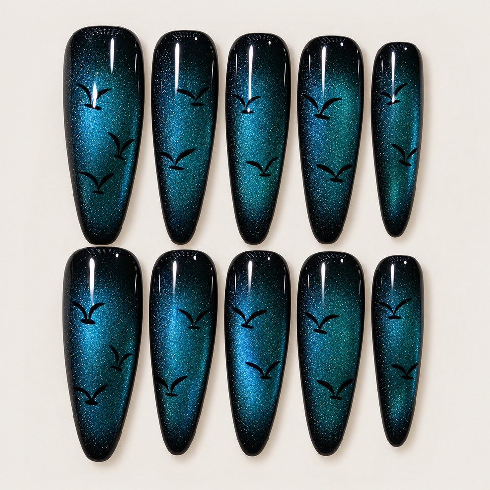 ACEGRIP Onyx Birdsong press-on nails in black and blue, with bird motifs, style XH3049