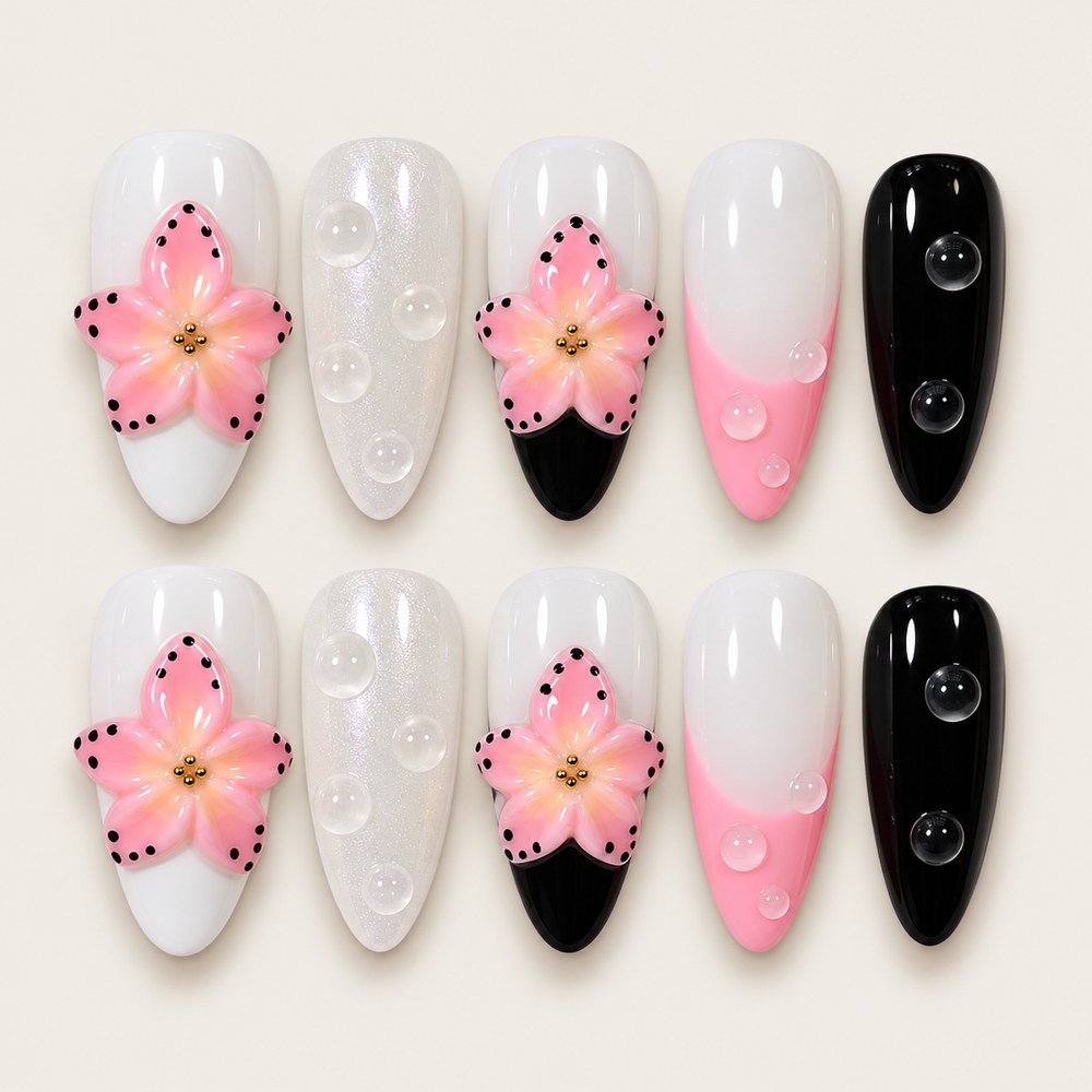 ACEGRIP Ivory Petal Bubbles press-on nails in white, pink, and black, with floral accents, style XH3050