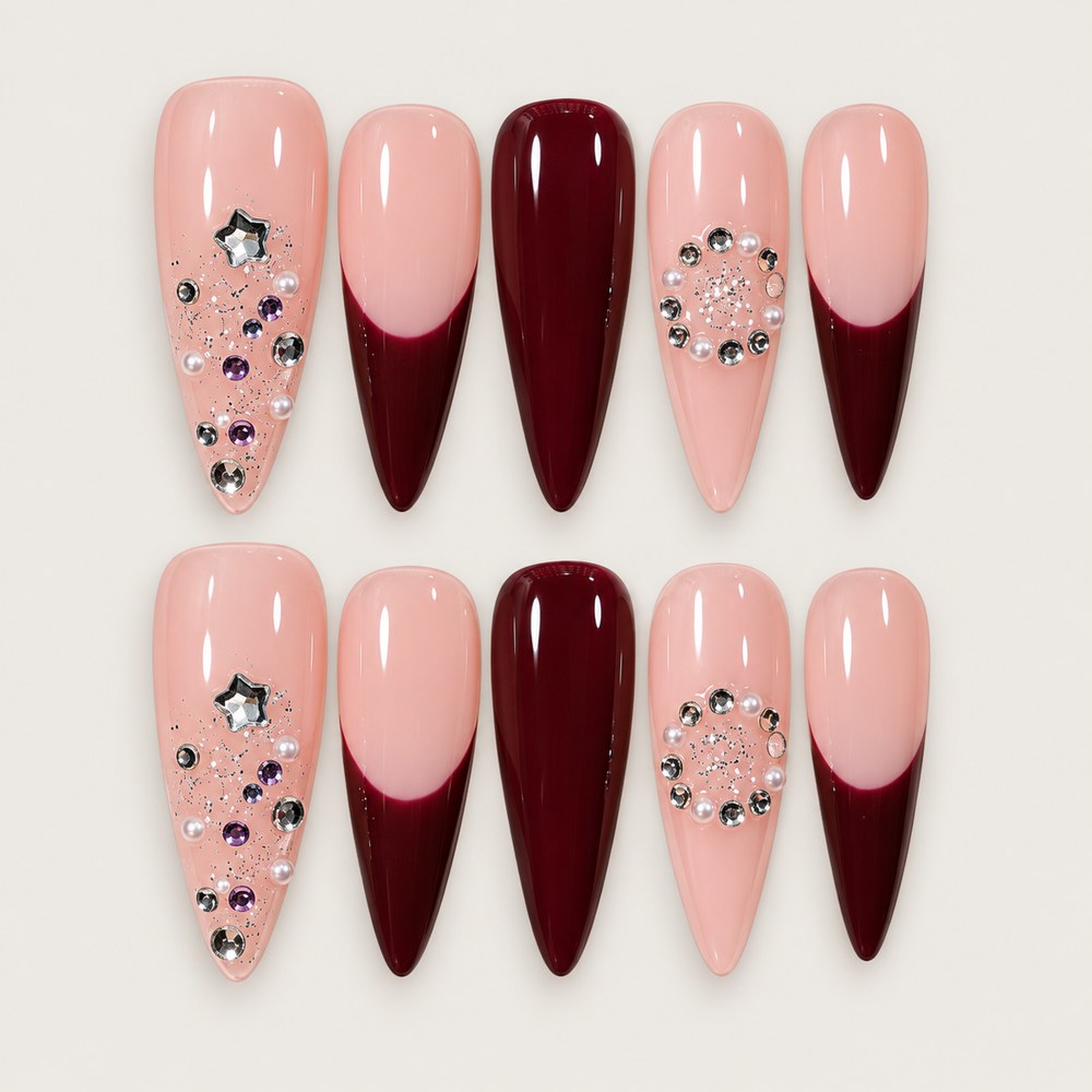 ACEGRIP Blush French Starlight press-on nails in peach nude, red, and silver tones, with French-tip color blocking, style XH3052