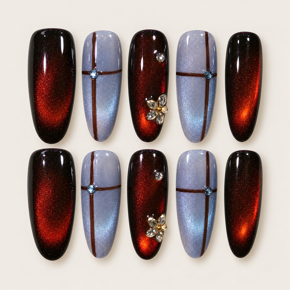 ACEGRIP Onyx Luster press-on nails in black, red, and blue, with a shimmering finish, style XH3053