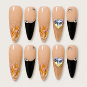 ACEGRIP Blush French Hearts press-on nails in peach nude, black, and gold tones, with French-tip color blocking, style XH3054