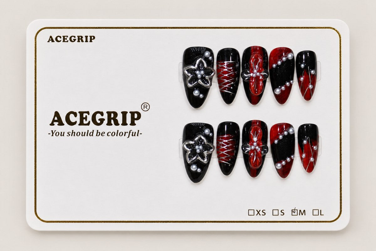 ACEGRIP Onyx Blossoms, style XH3055, complete 10-nail set on its presentation card