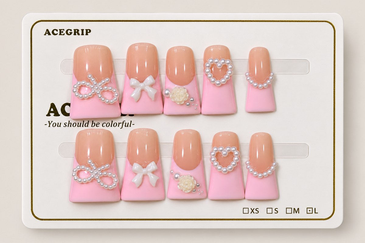 ACEGRIP Blush Bow Hearts, style XH3056, complete 10-nail set on its presentation card