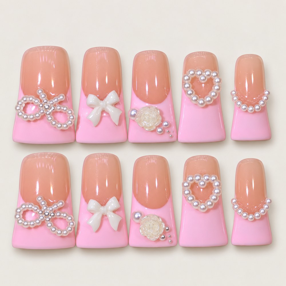 ACEGRIP Blush Bow Hearts press-on nails in peach nude, pink, and white, with bow accents, style XH3056