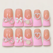 ACEGRIP Blush Bow Hearts press-on nails in peach nude, pink, and white, with bow accents, style XH3056