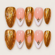 ACEGRIP Golden Sculpture Starlight press-on nails in gold tones, peach nude, and white, with ribbed sculptural accents, style XH3060