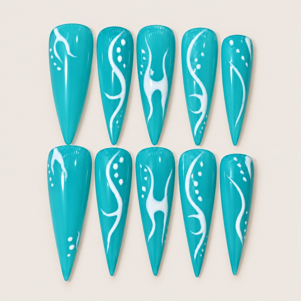 ACEGRIP Lagoon Linework press-on nails in turquoise and white, with fine linework, style XH3061