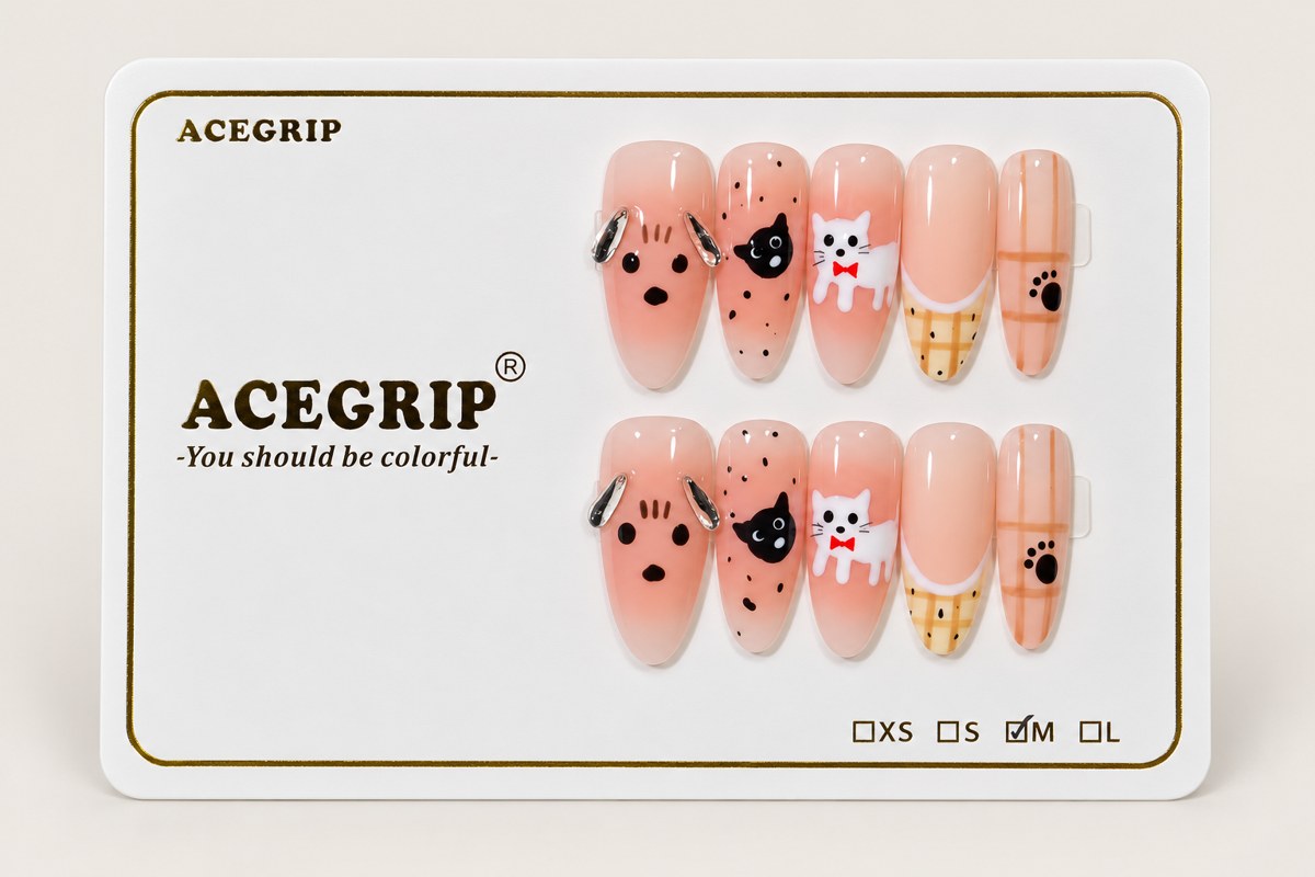 ACEGRIP Blush Puppy, style XH3062, complete 10-nail set on its presentation card