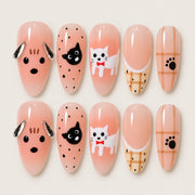 ACEGRIP Blush Puppy press-on nails in peach nude, white, and black, with dog motifs, style XH3062