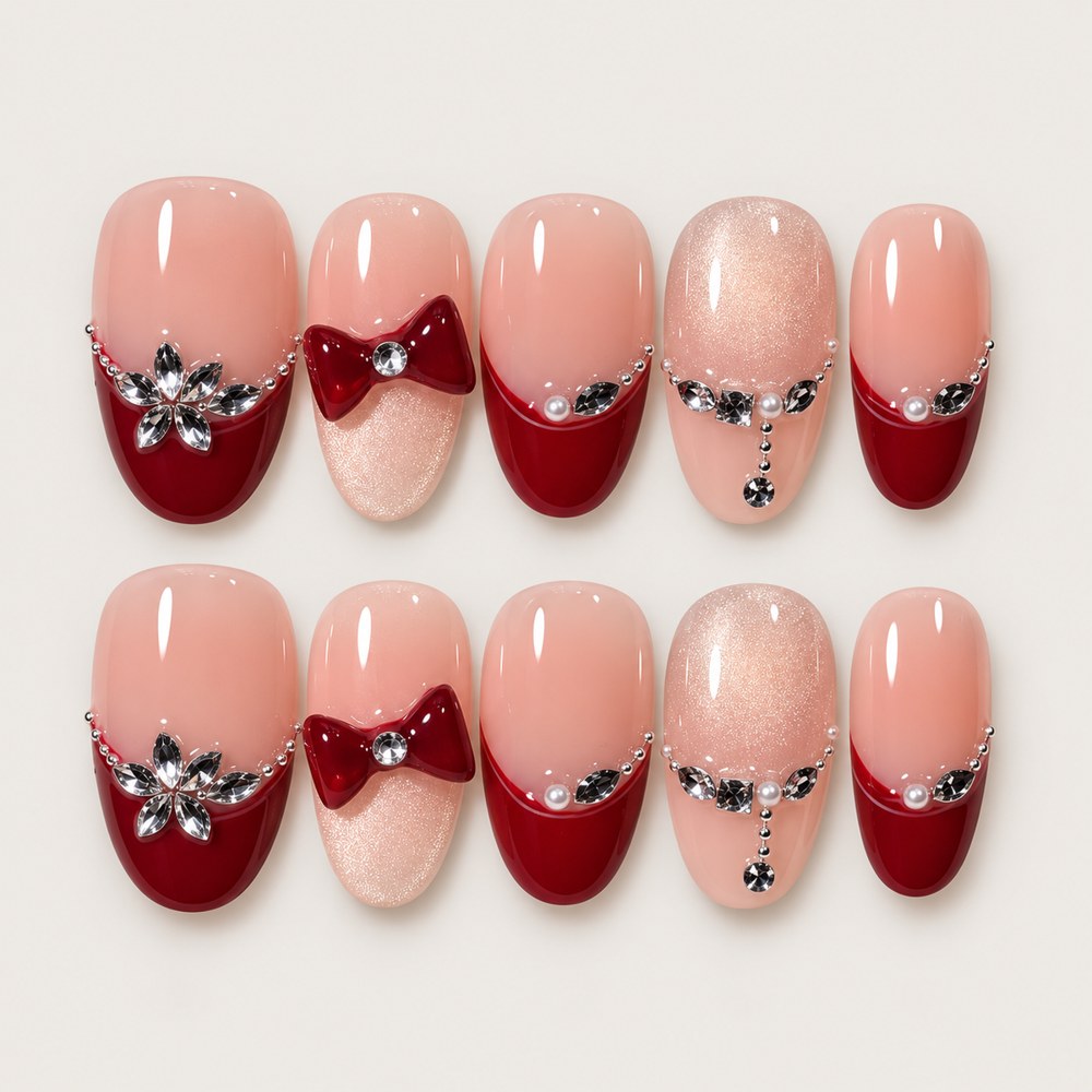 ACEGRIP Blush French Bow press-on nails in peach nude, red, and silver tones, with French-tip color blocking, style XH3063