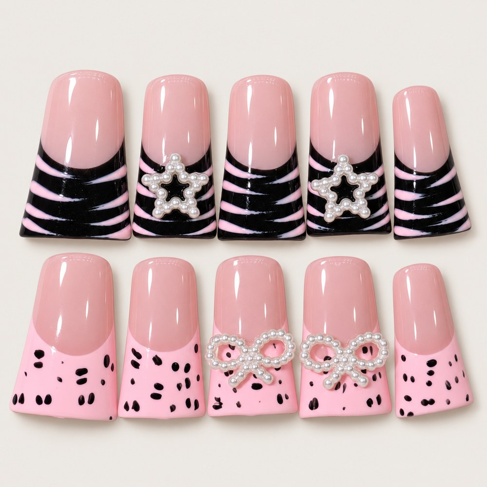 ACEGRIP Blush Stripe Starlight press-on nails in peach nude, pink, black, and silver tones, with striped patterns, style XH3065