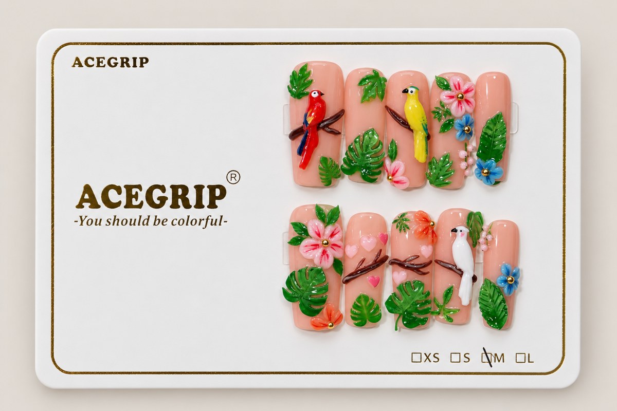 ACEGRIP Blush Birdsong Leaves, style XQ2001, complete 10-nail set on its presentation card