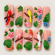 ACEGRIP Blush Birdsong Leaves press-on nails in peach nude, green, pink, and blue, with bird motifs, style XQ2001