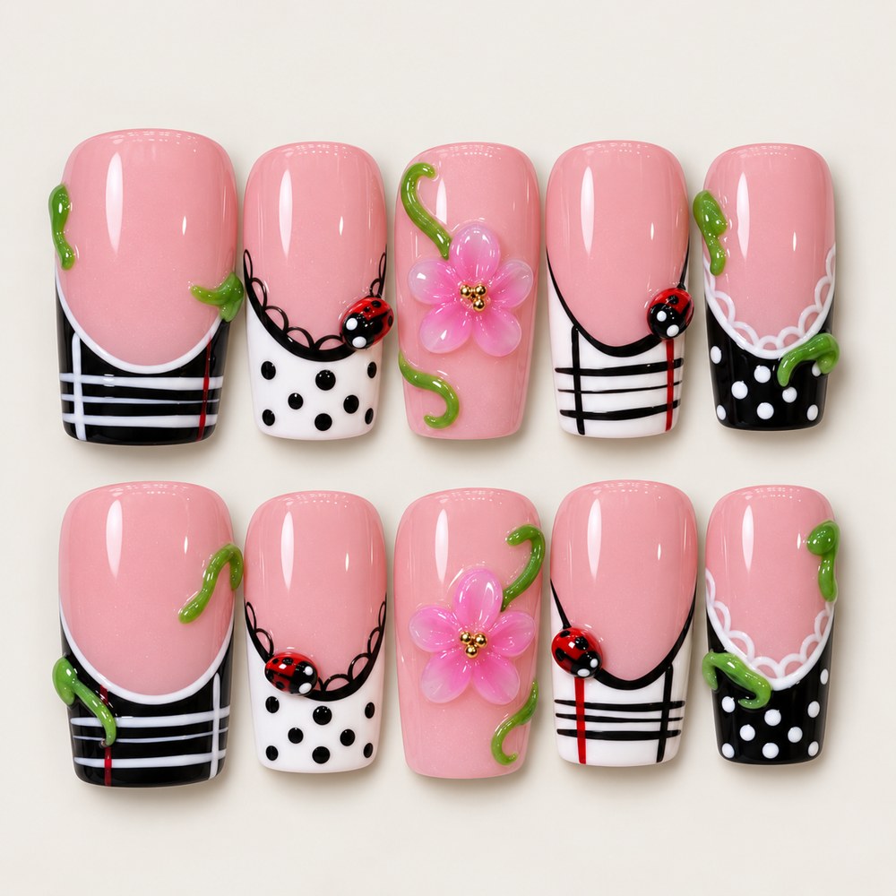 ACEGRIP Rose Petal Ladybug press-on nails in pink, black, white, and green, with floral accents, style XQ2002