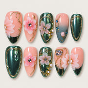 ACEGRIP Blush Garden Cameo press-on nails in peach nude, green, pink, and gold tones, with floral accents, style XQ2004