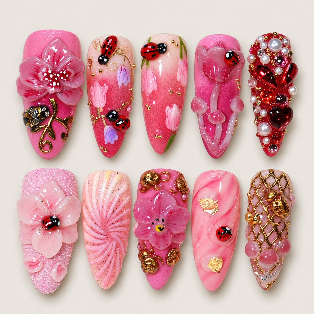 ACEGRIP Rose Bloom Ladybug press-on nails in pink, red, peach nude, and gold tones, with floral accents, style XQ2005