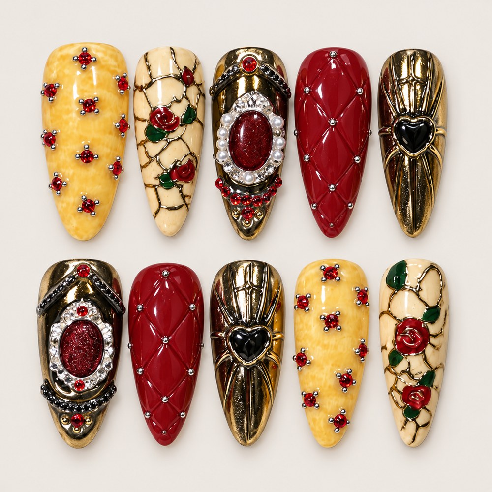 ACEGRIP Lemon Roses press-on nails in yellow, cream, red, and gold tones, with rose motifs, style XQ2007