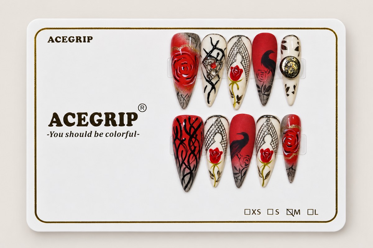 ACEGRIP Scarlet Rose Birdsong, style XQ2008, complete 10-nail set on its presentation card