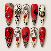 ACEGRIP Scarlet Rose Birdsong press-on nails in red, cream, black, and gold tones, with rose motifs, style XQ2008