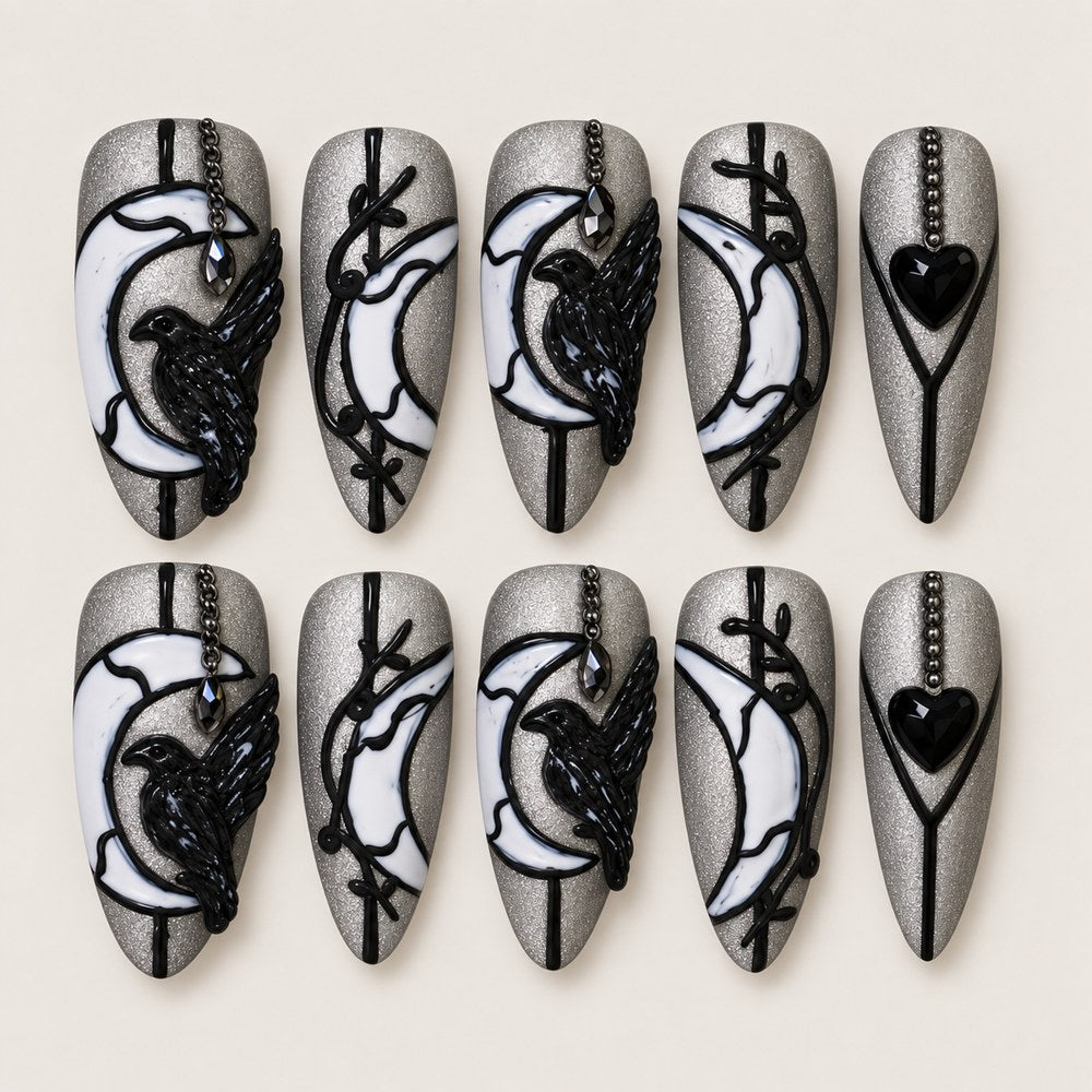 ACEGRIP Smoke Birdsong press-on nails in grey, black, and silver tones, with bird motifs, style XQ2009
