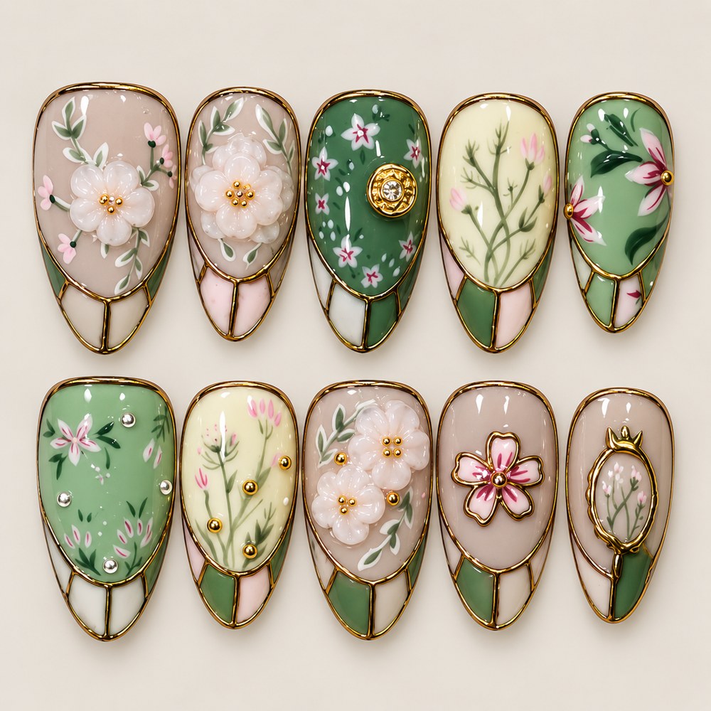 Blush Garden Branches - Peach Nude Floral & Branch Press-On Nails