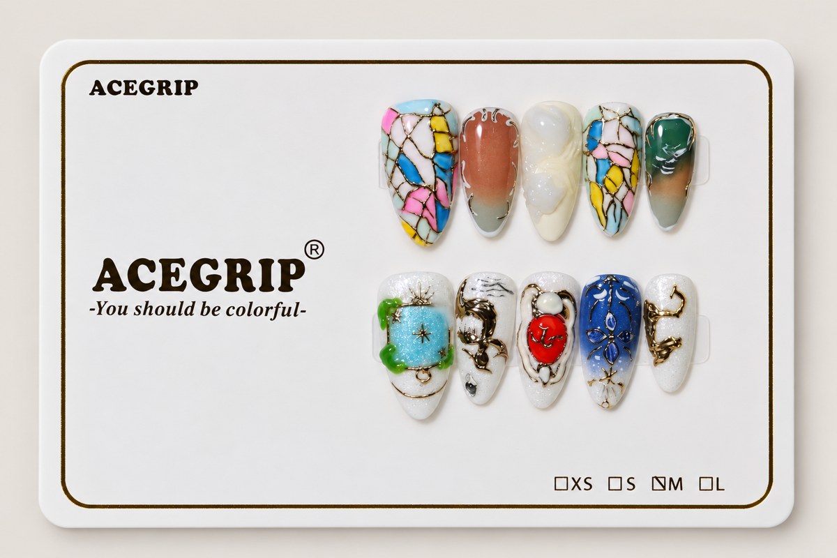 ACEGRIP Azure Petal Mosaic, style XQ2012, complete 10-nail set on its presentation card