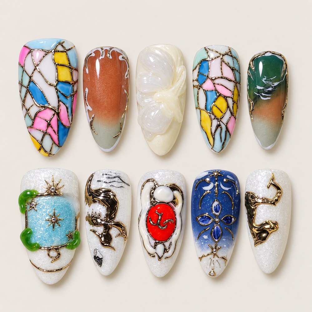 ACEGRIP Azure Petal Mosaic press-on nails in blue, peach nude, green, and gold tones, with floral accents, style XQ2012