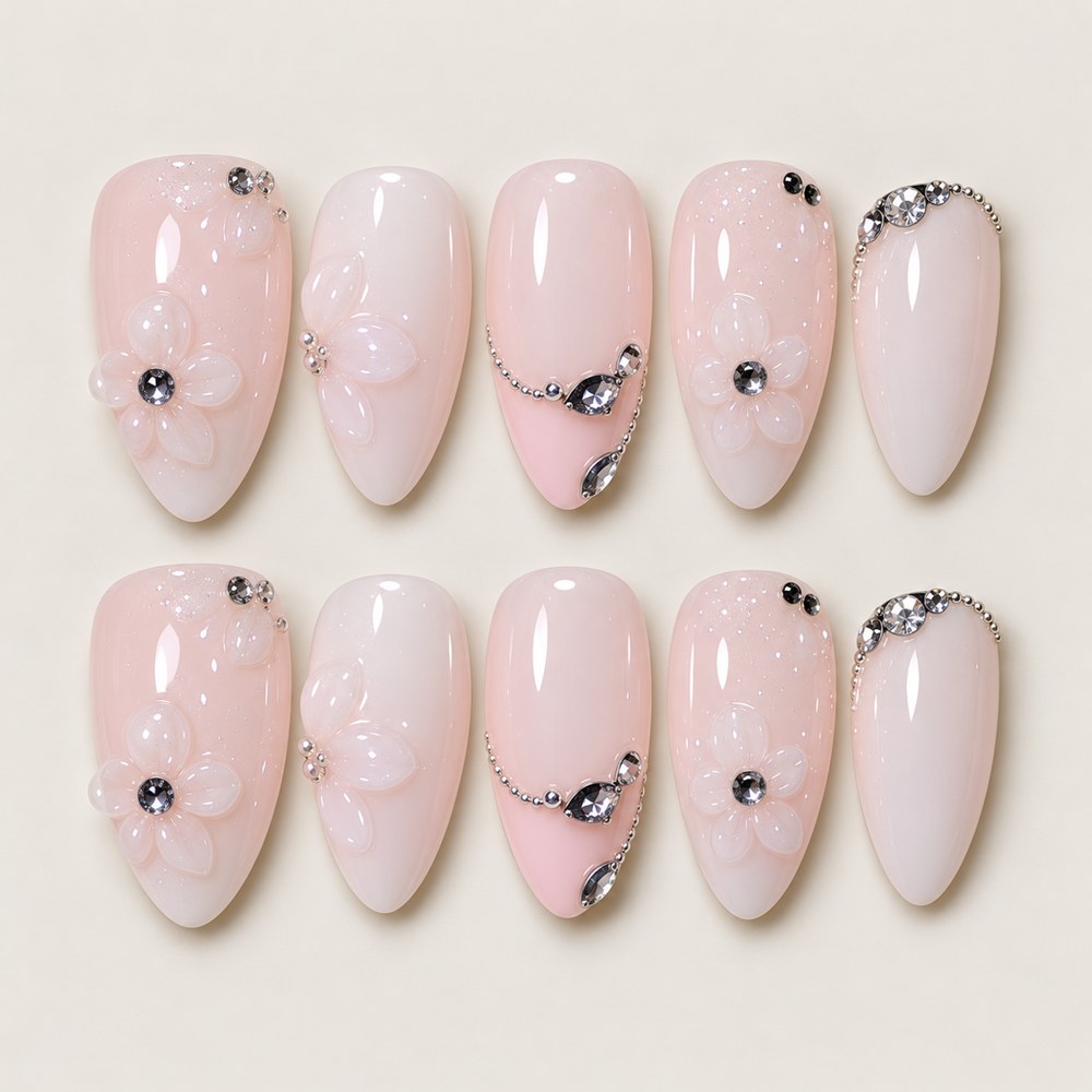 ACEGRIP Rose Blossom Linework press-on nails in pink, peach nude, and silver tones, with floral accents, style XQ2015