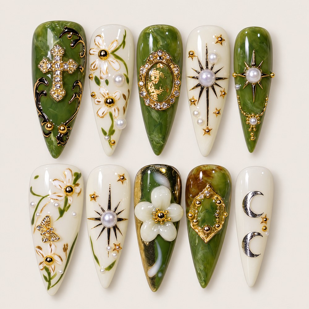 Jade Petal Cameo - Green Floral & Ornamental Press-On Nails