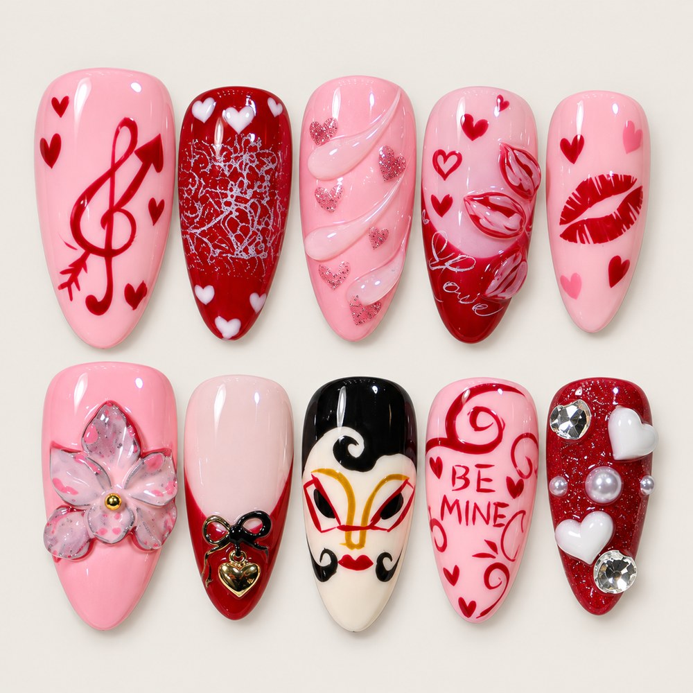 ACEGRIP Rose Heart Kisses press-on nails in pink, red, peach nude, and black, with heart motifs, style XQ2020