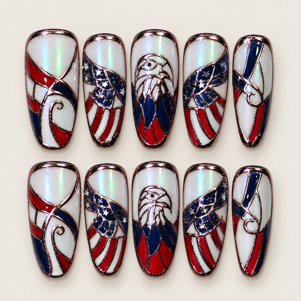 ACEGRIP Ivory Parade press-on nails in white, red, navy blue, and silver tones, with flag-inspired patterns, style XQ2022