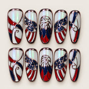 ACEGRIP Ivory Parade press-on nails in white, red, navy blue, and silver tones, with flag-inspired patterns, style XQ2022
