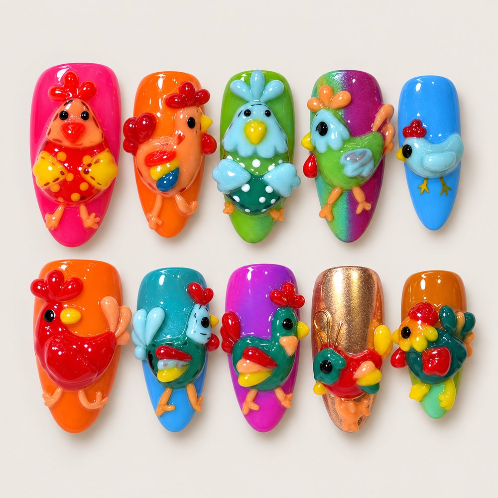 ACEGRIP Scarlet Birdsong press-on nails in red, orange, green, and blue, with bird motifs, style XQ2023