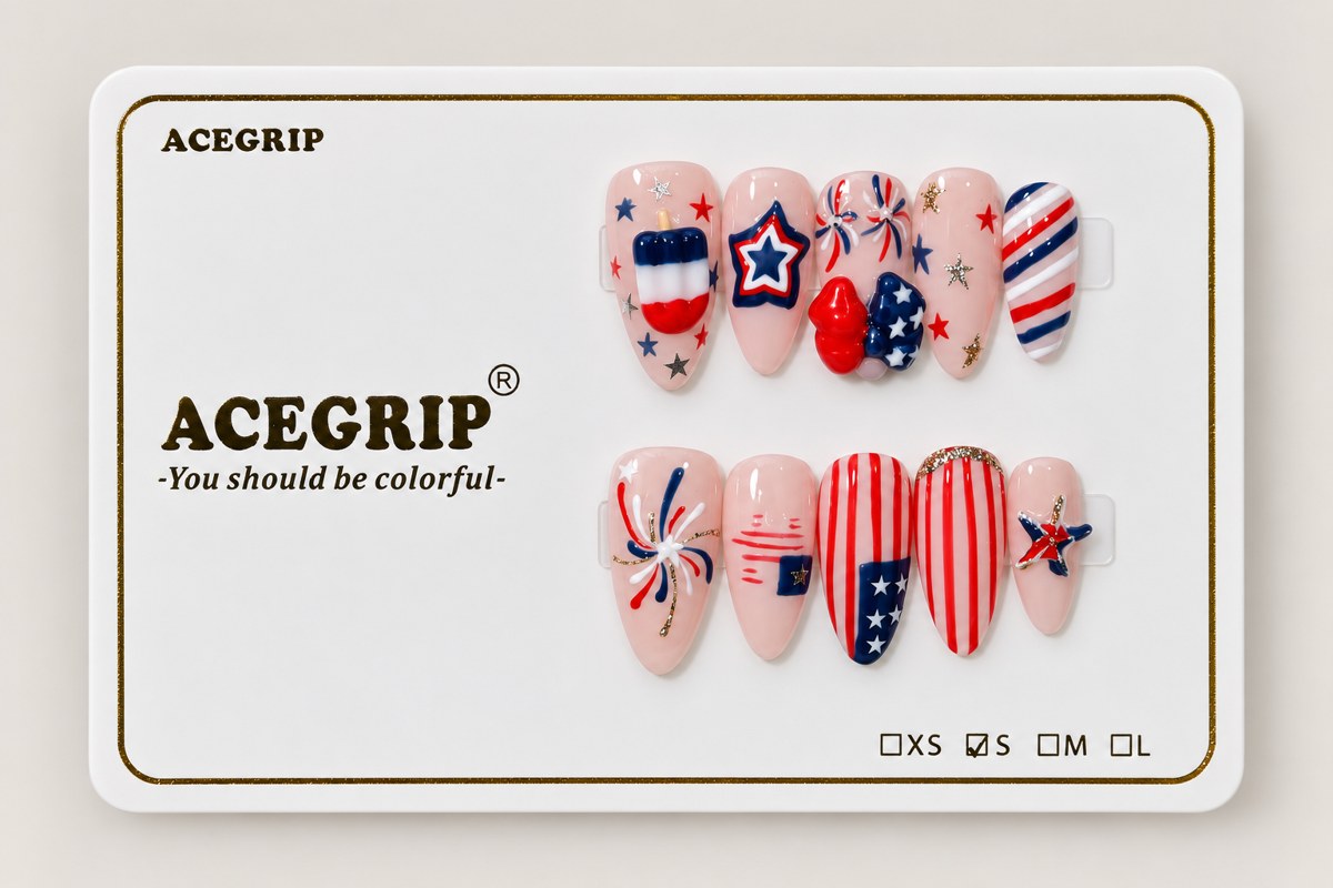 ACEGRIP Blush Parade, style XQ2025, complete 10-nail set on its presentation card