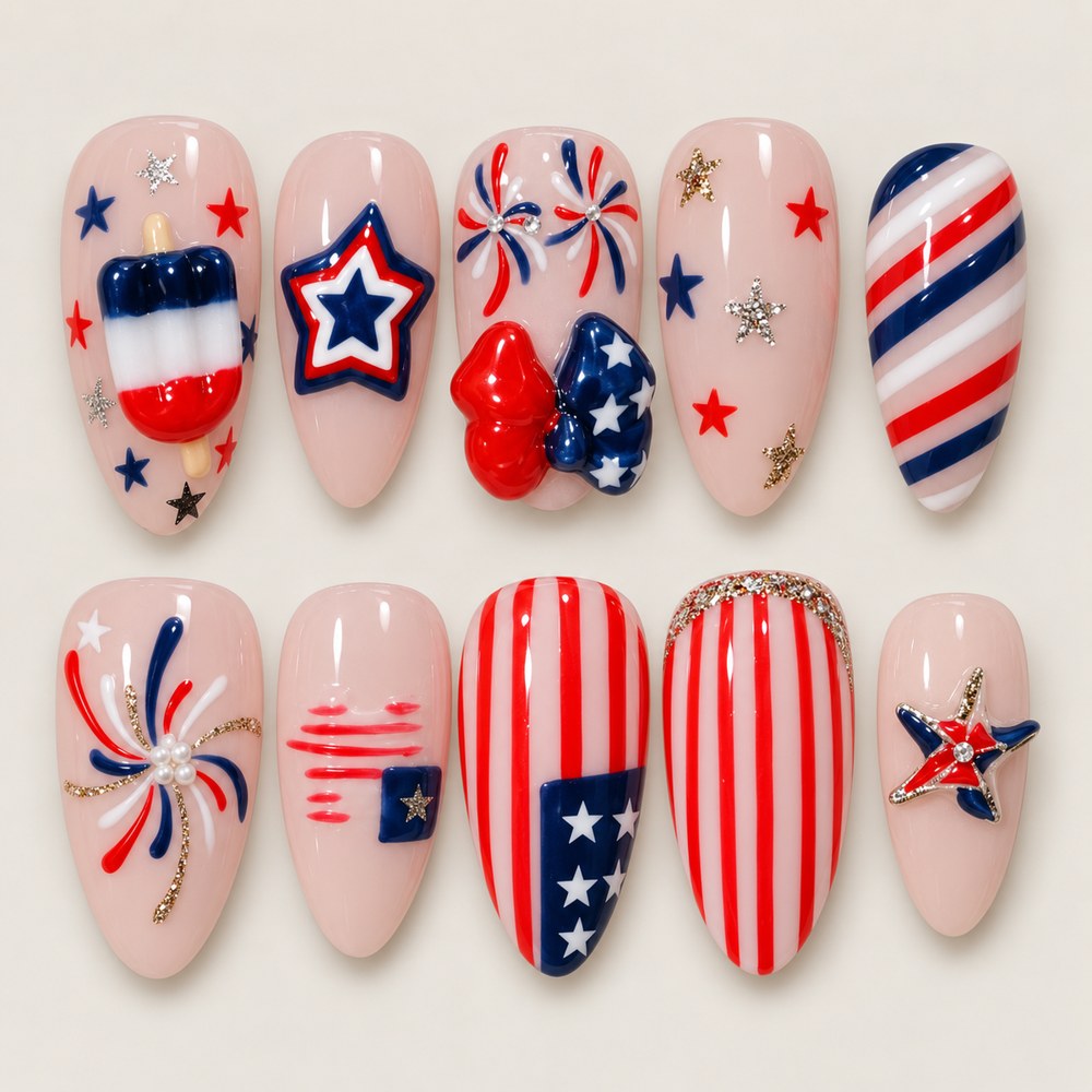 ACEGRIP Blush Parade press-on nails in peach nude, blue, red, and white, with flag-inspired patterns, style XQ2025