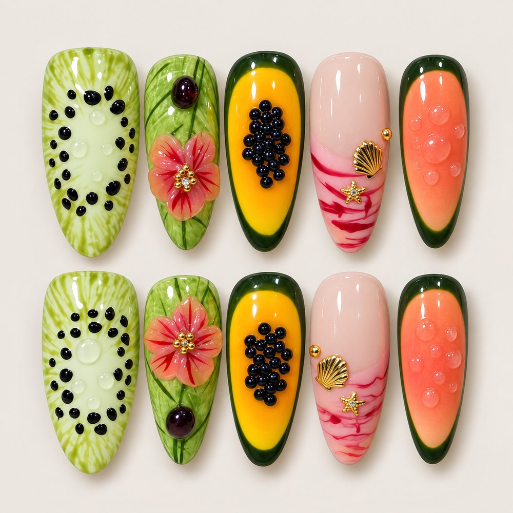 ACEGRIP Blush Fruit Market Petals press-on nails in peach nude, green, orange, and pink, with fruit motifs, style XQ2027