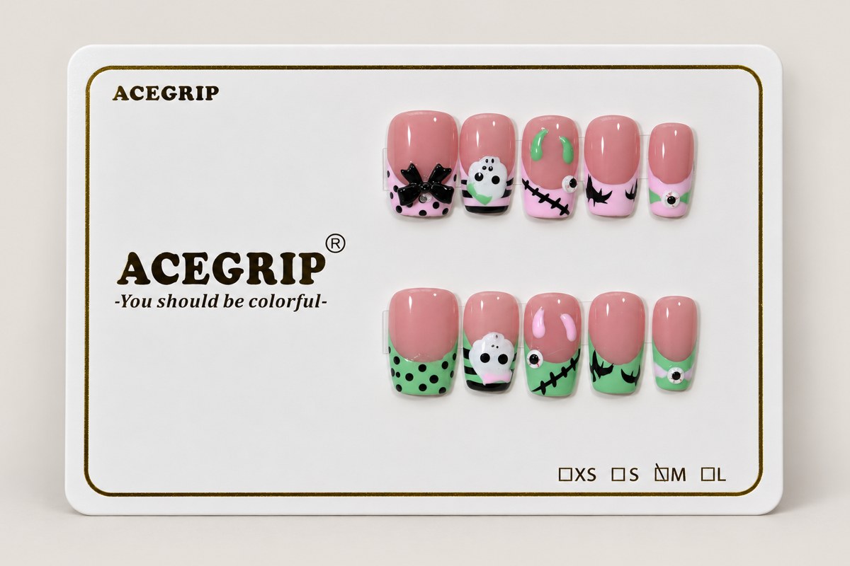 ACEGRIP Rose Haunt Bow, style XQ2028, complete 10-nail set on its presentation card