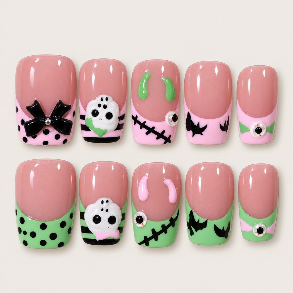 ACEGRIP Rose Haunt Bow press-on nails in pink, mint green, black, and white, with Halloween-themed motifs, style XQ2028