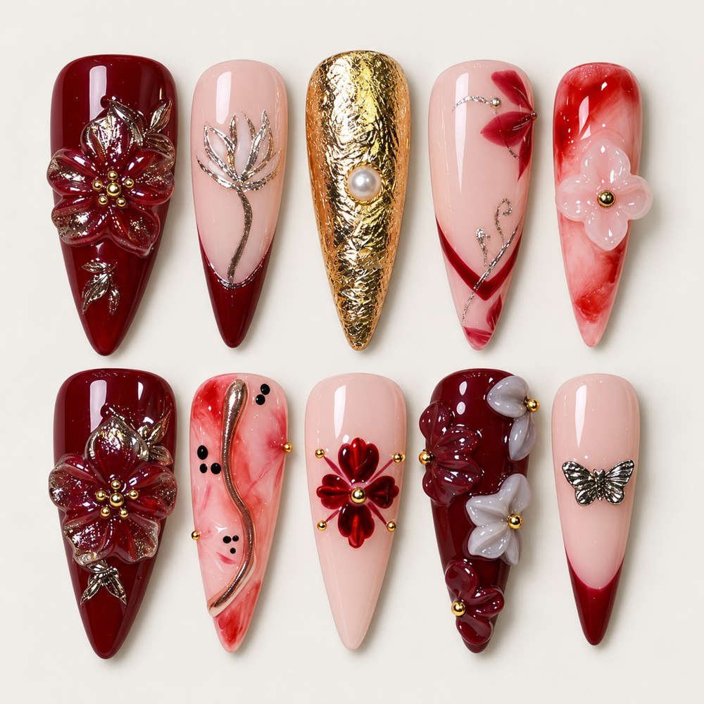 ACEGRIP Scarlet Petal Leaves press-on nails in red, peach nude, gold tones, and pink, with floral accents, style XQ2029