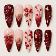 ACEGRIP Scarlet Bloom Leaves press-on nails in red, peach nude, pink, and gold tones, with floral accents, style XQ2030
