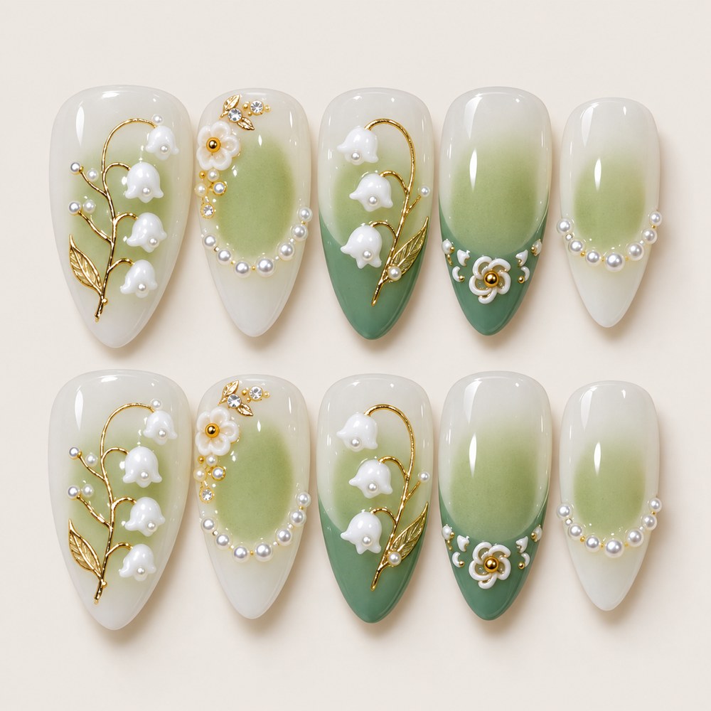 ACEGRIP Cream Floral press-on nails in cream, white, green, and gold tones, with floral accents, style XQ2031