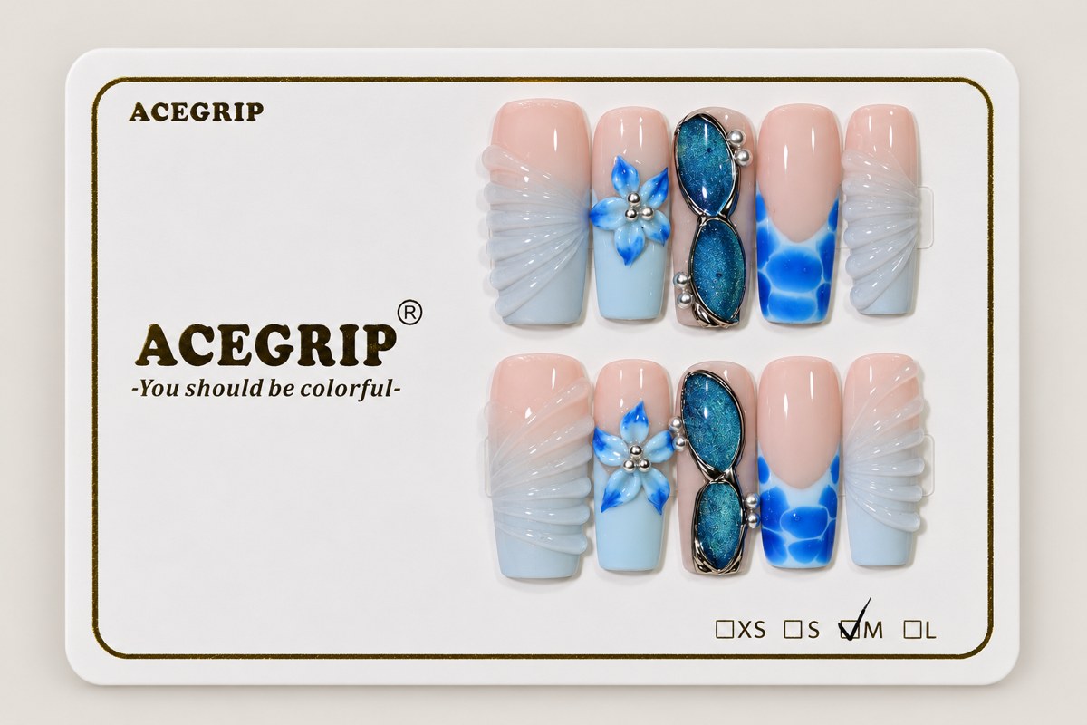 ACEGRIP Blush Blossom Shells, style XQ2032, complete 10-nail set on its presentation card