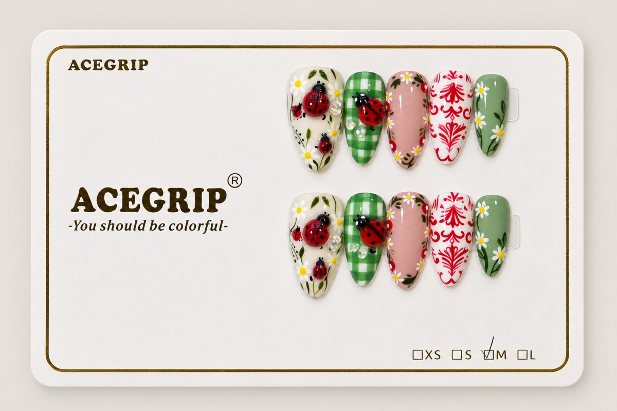 ACEGRIP Cream Ladybug, style XQ2033, complete 10-nail set on its presentation card