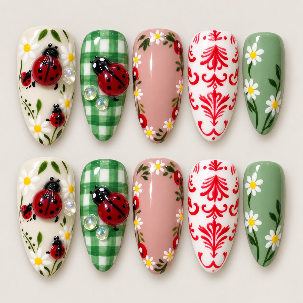 ACEGRIP Cream Ladybug press-on nails in cream, green, red, and white, with ladybug motifs, style XQ2033